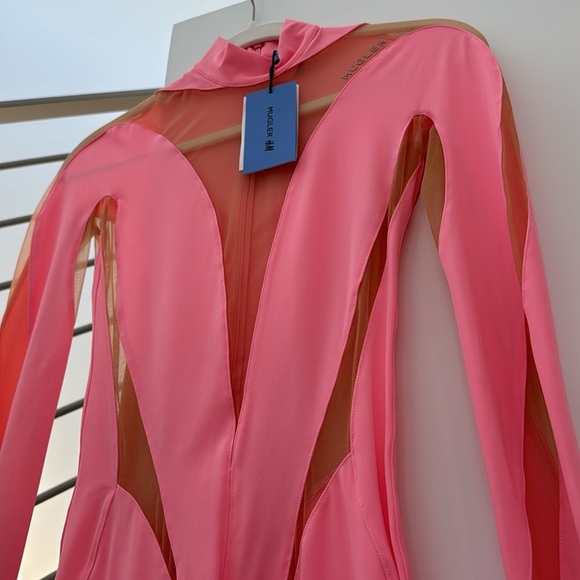 NWT MUGLER x HM Mesh Panel Mini Dress Pink Longsleeve Bodycon Mesh Cut Outs XS - Picture 5 of 9